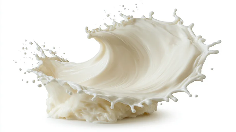 Milk splash frozen midair curling into dynamic wave against white background