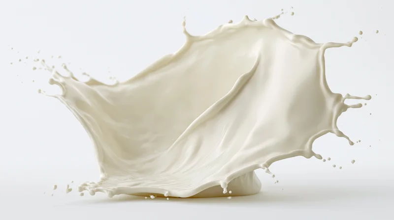 Milk splash frozen midair forming a dynamic wave against white background