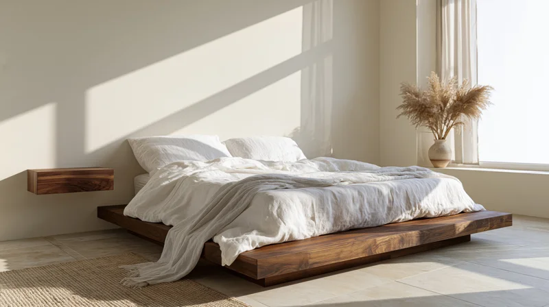 Minimalist bedroom with low wooden platform bed and natural light from window
