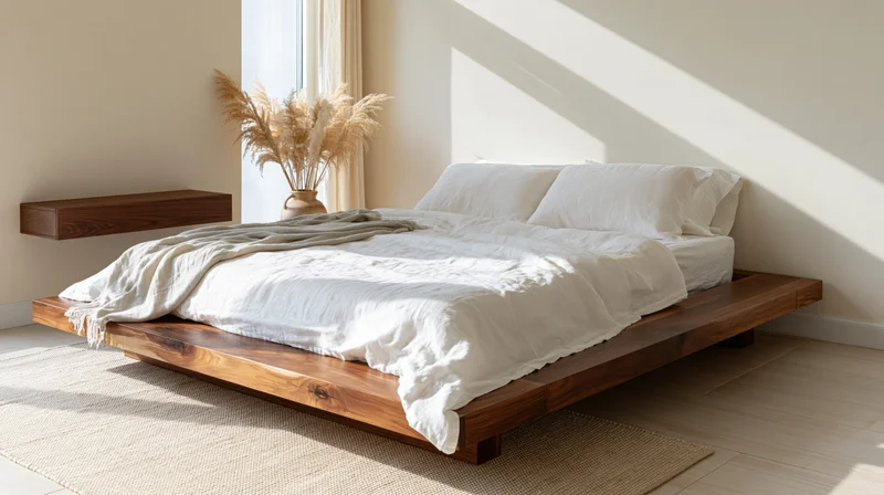 Low wooden platform bed with white bedding and pampas grass in a minimalist bedroom