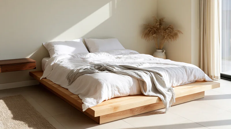 Low wooden platform bed with white bedding and natural light in minimalist bedroom