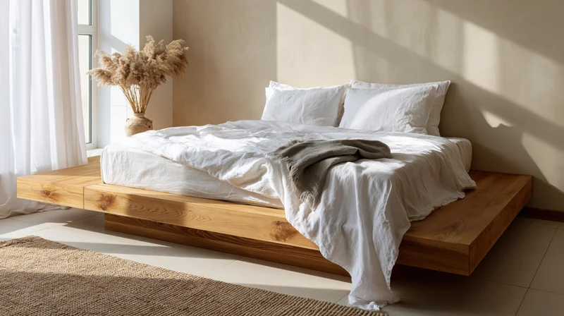 Minimalist bedroom with wooden platform bed and white linen bedding near a window