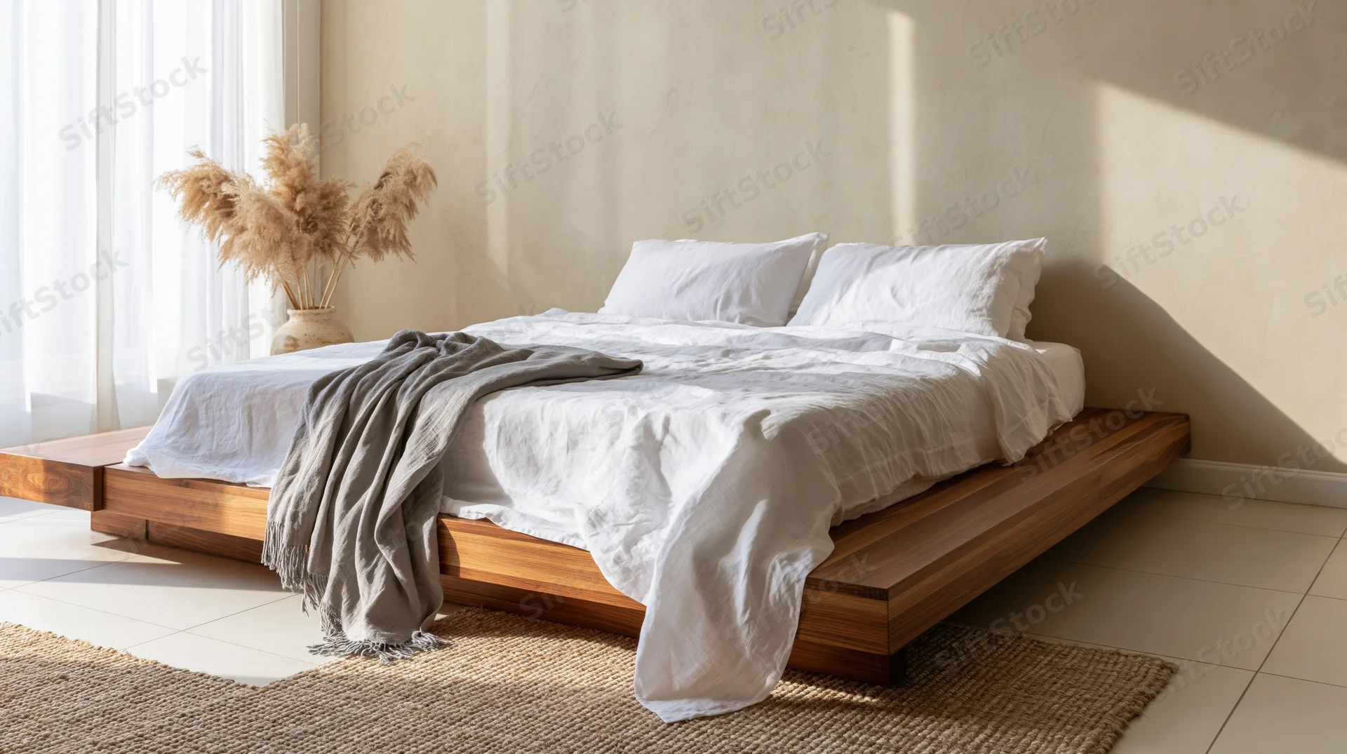 Minimalist bedroom with wooden platform bed and white linen bedding near a window with natural light