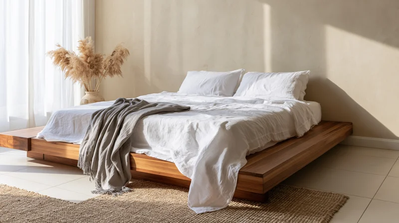 Minimalist bedroom with wooden platform bed and white linen bedding near a window with natural light