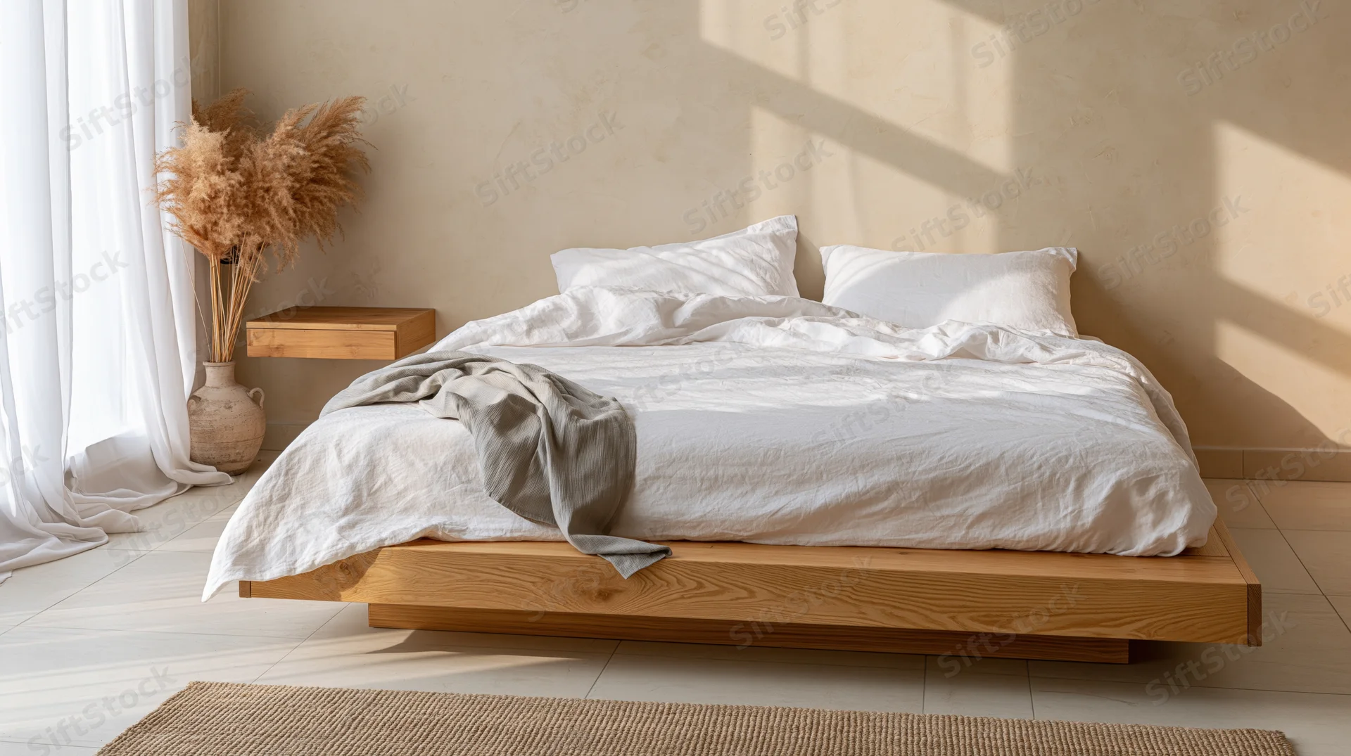 Minimalist bedroom with wooden platform bed and white linen bedding near a window with natural light