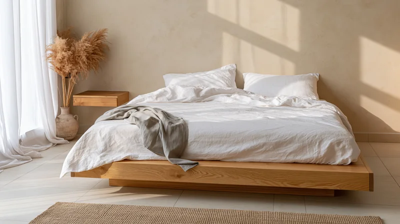 Minimalist bedroom with wooden platform bed and white linen bedding near a window with natural light