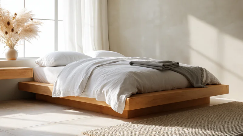 Minimalist platform bed with white bedding and natural decor in a bright bedroom