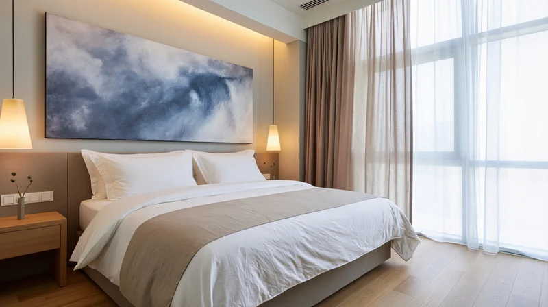 Minimalist hotel bedroom with king-size bed and abstract artwork above the headboard near a large window with sheer curtains