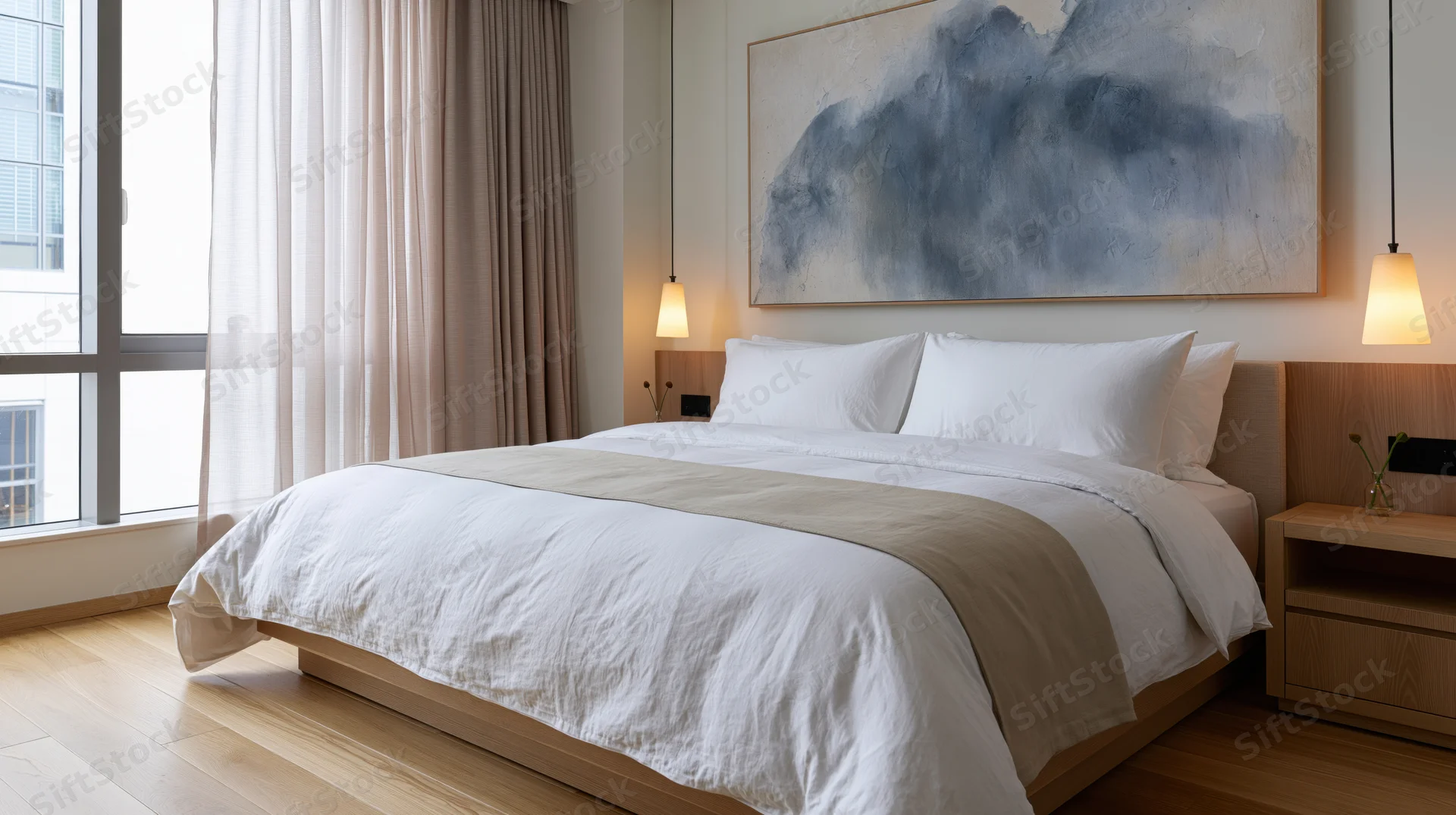 Minimalist hotel bedroom with king-size bed dressed in white and beige linens, wooden furniture, abstract artwork, and large window with curtains
