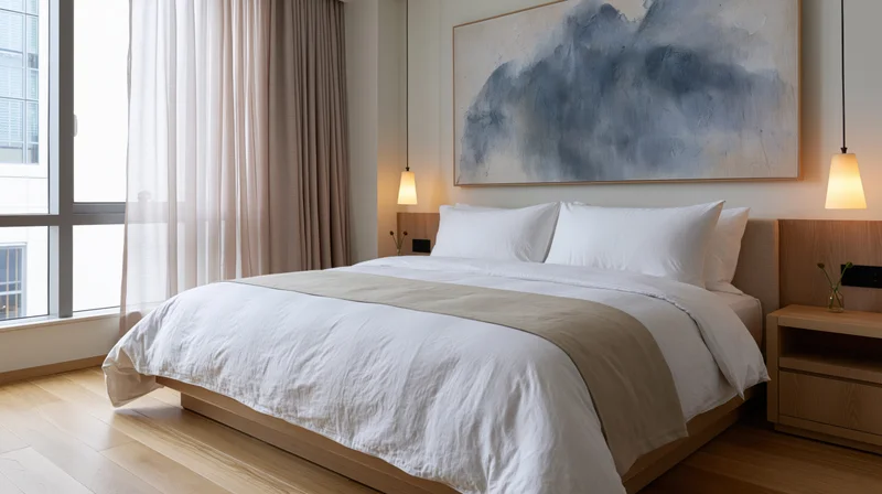 Minimalist hotel bedroom with king-size bed dressed in white and beige linens, wooden furniture, abstract artwork, and large window with curtains