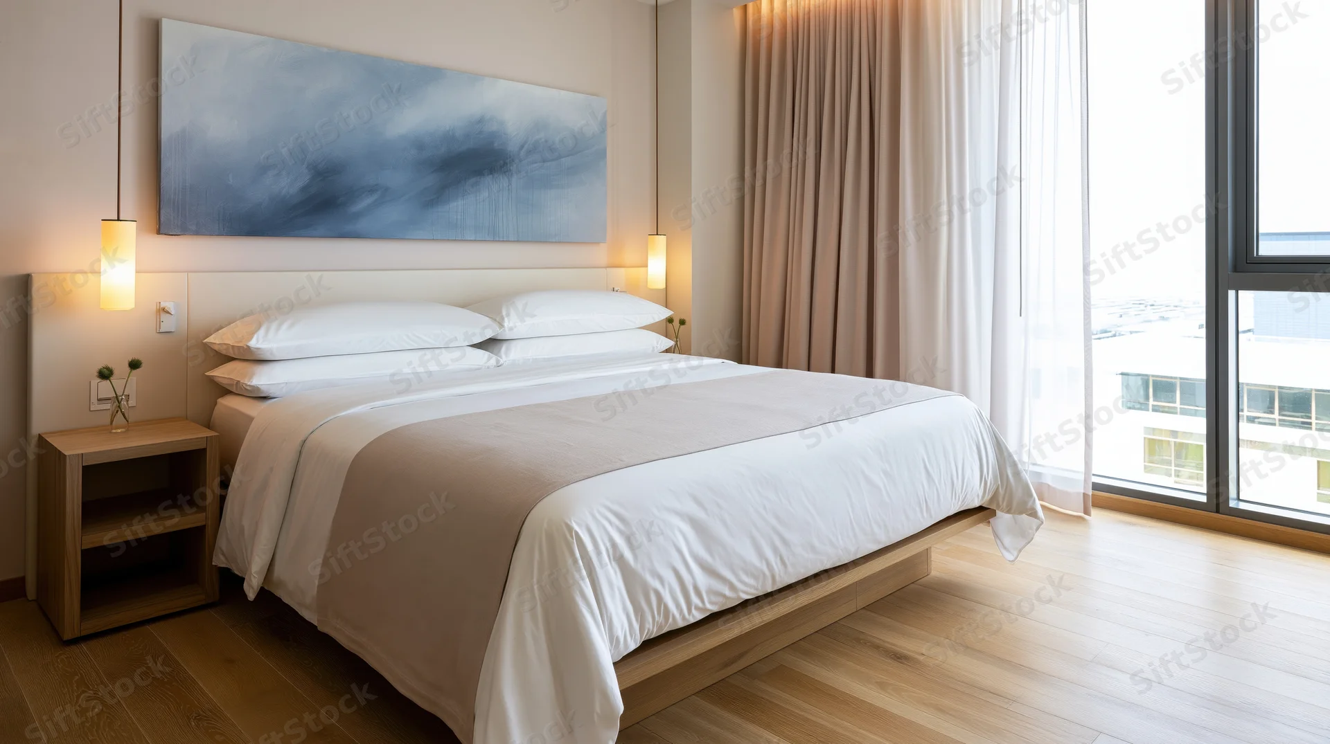 Minimalist hotel bedroom with king-size bed and city view through large window