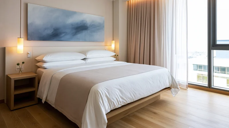 Minimalist hotel bedroom with king-size bed and city view through large window