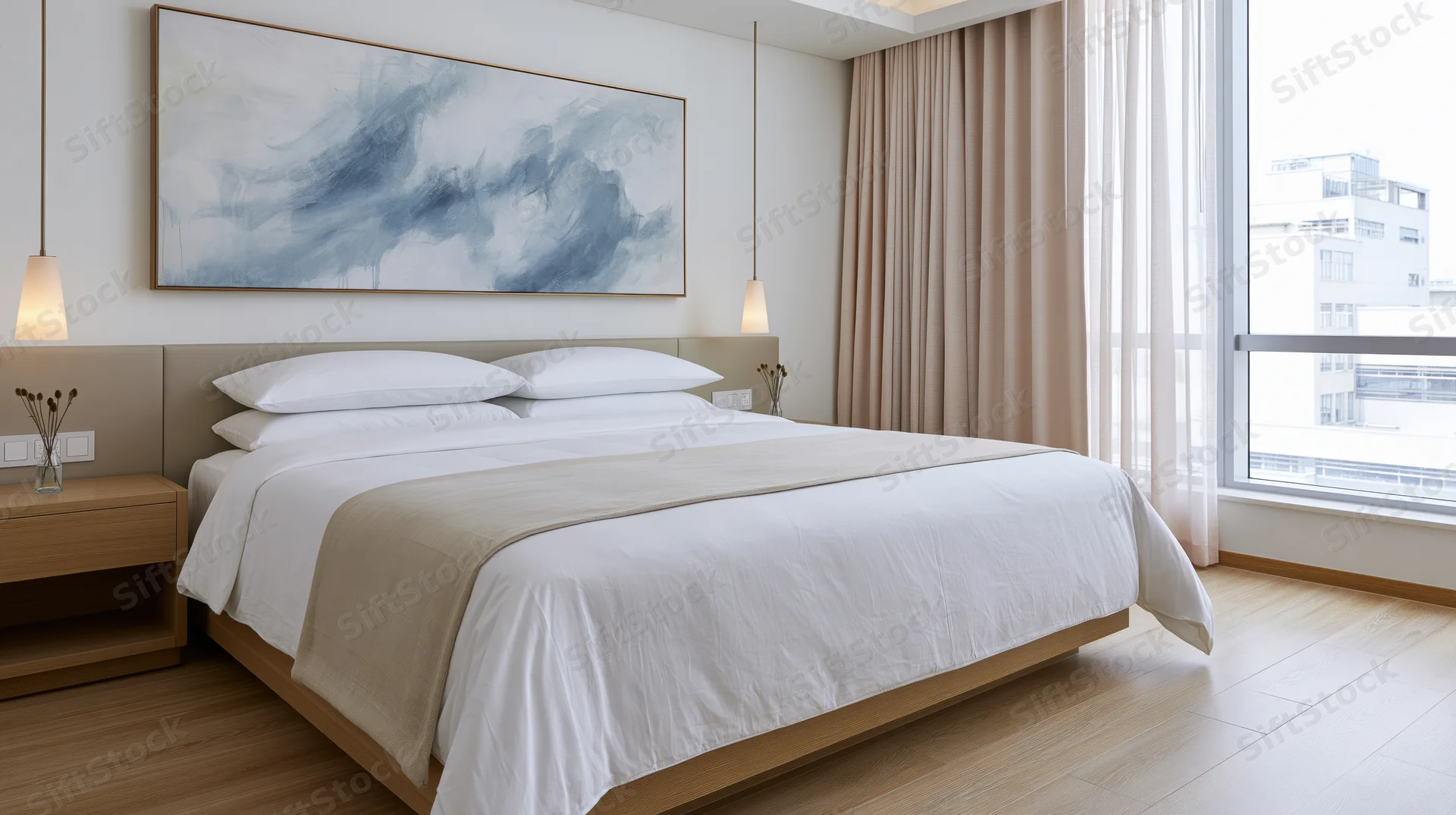 Minimalist hotel bedroom with king-size bed and abstract artwork above it near a window with city view