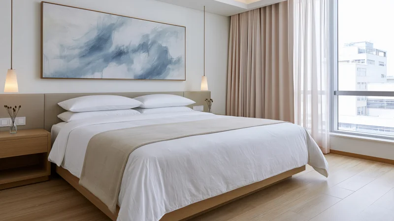 Minimalist hotel bedroom with king-size bed and abstract artwork above it near a window with city view