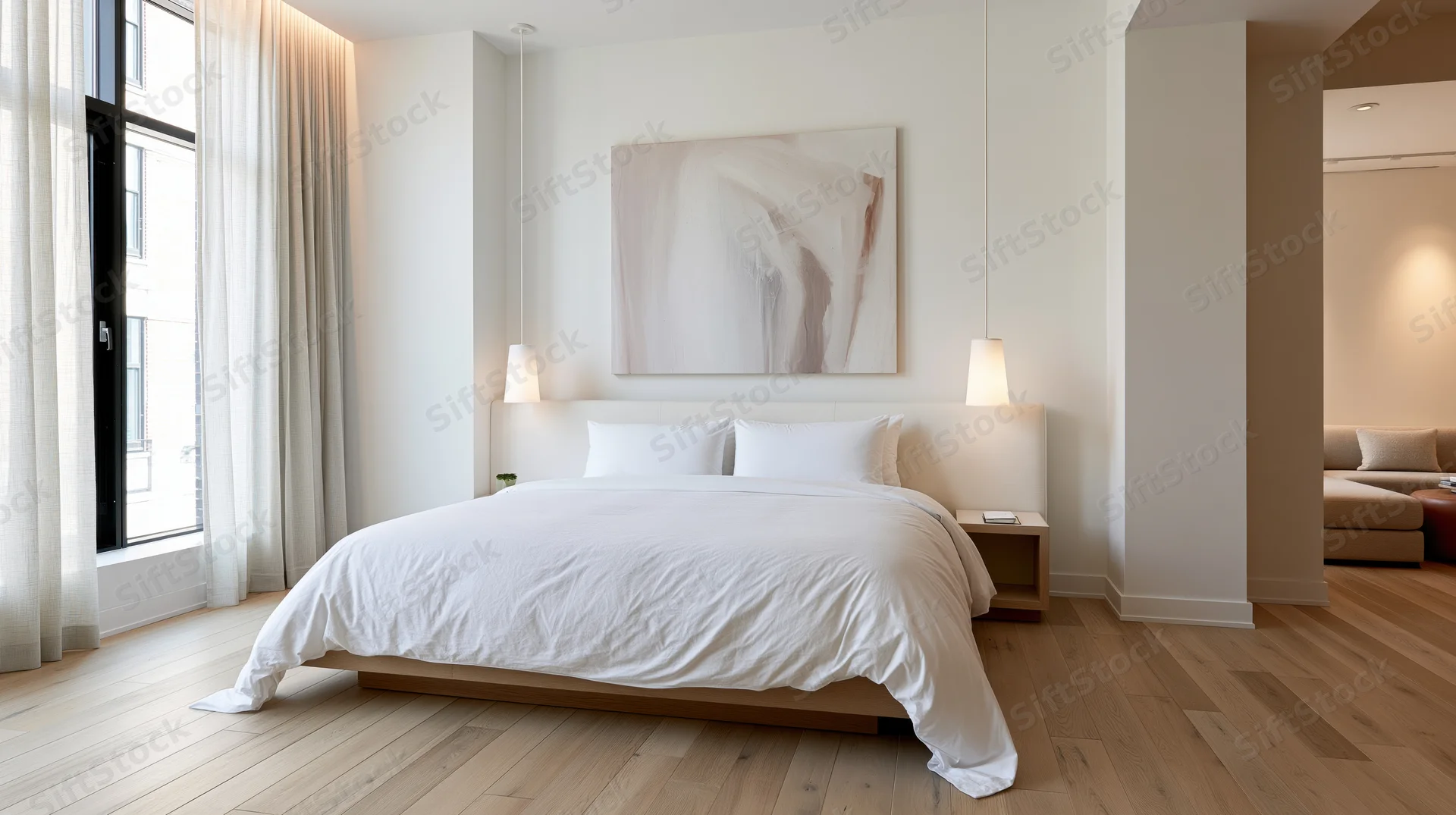 Minimalist hotel bedroom with king bed and pendant lamps, featuring white bedding and wooden flooring