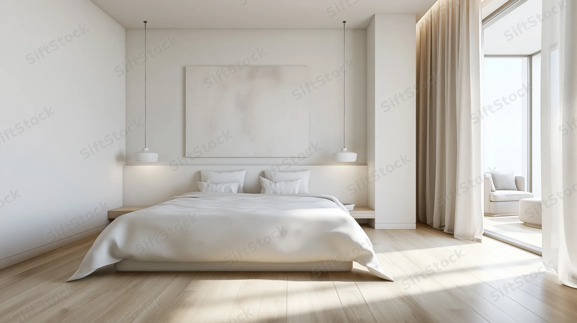 Minimalist hotel bedroom with king bed and pendant lights, featuring white bedding and wooden flooring, natural light from large window