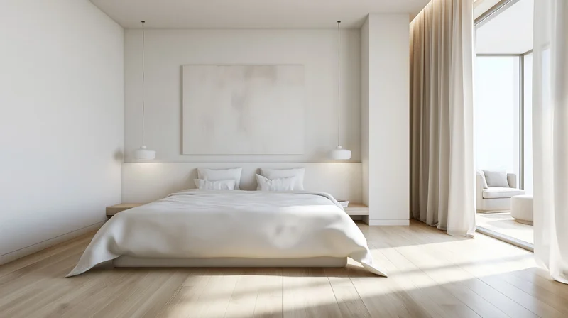 Minimalist hotel bedroom with king bed and pendant lights, featuring white bedding and wooden flooring, natural light from large window