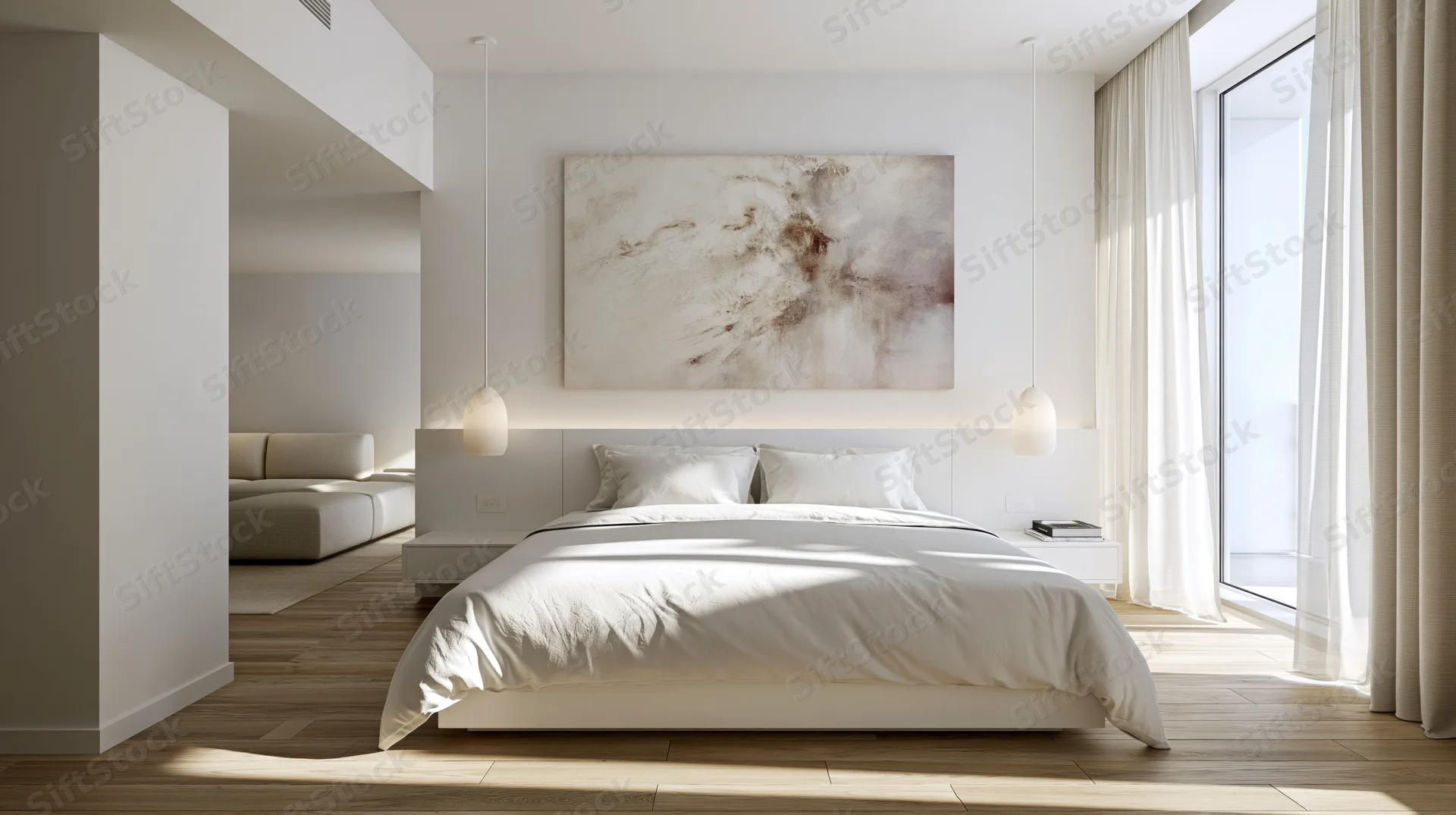 Minimalist hotel bedroom with king bed and abstract art above the headboard, natural light through large window