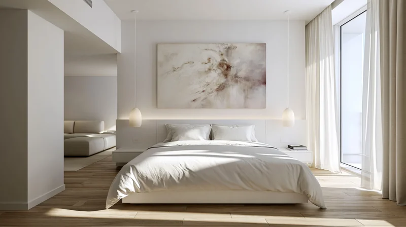 Minimalist hotel bedroom with king bed and abstract art above the headboard, natural light through large window