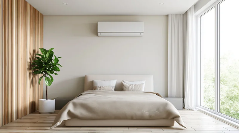 Minimalist modern bedroom with wall-mounted air conditioner and large window overlooking greenery