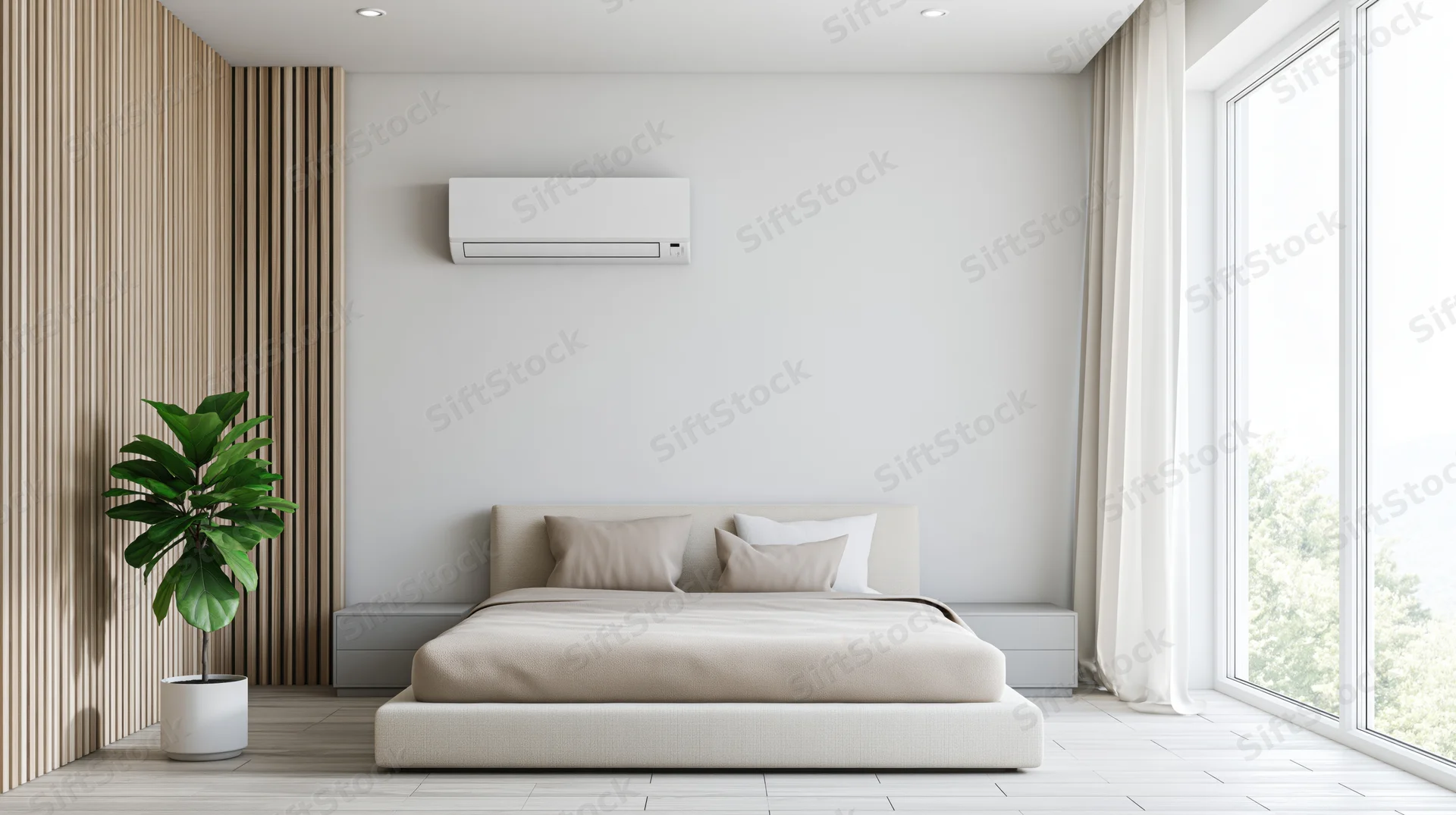 Minimalist modern bedroom with low platform bed, wall-mounted air conditioner, and large window overlooking greenery