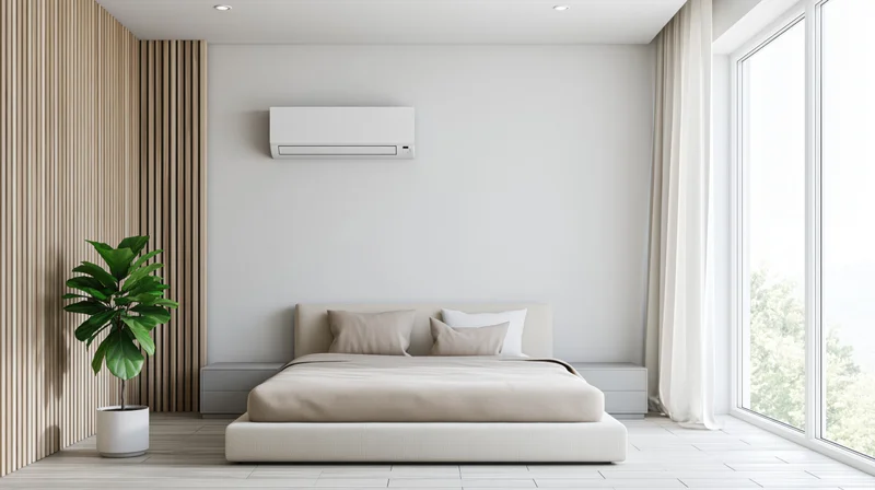 Minimalist modern bedroom with low platform bed, wall-mounted air conditioner, and large window overlooking greenery