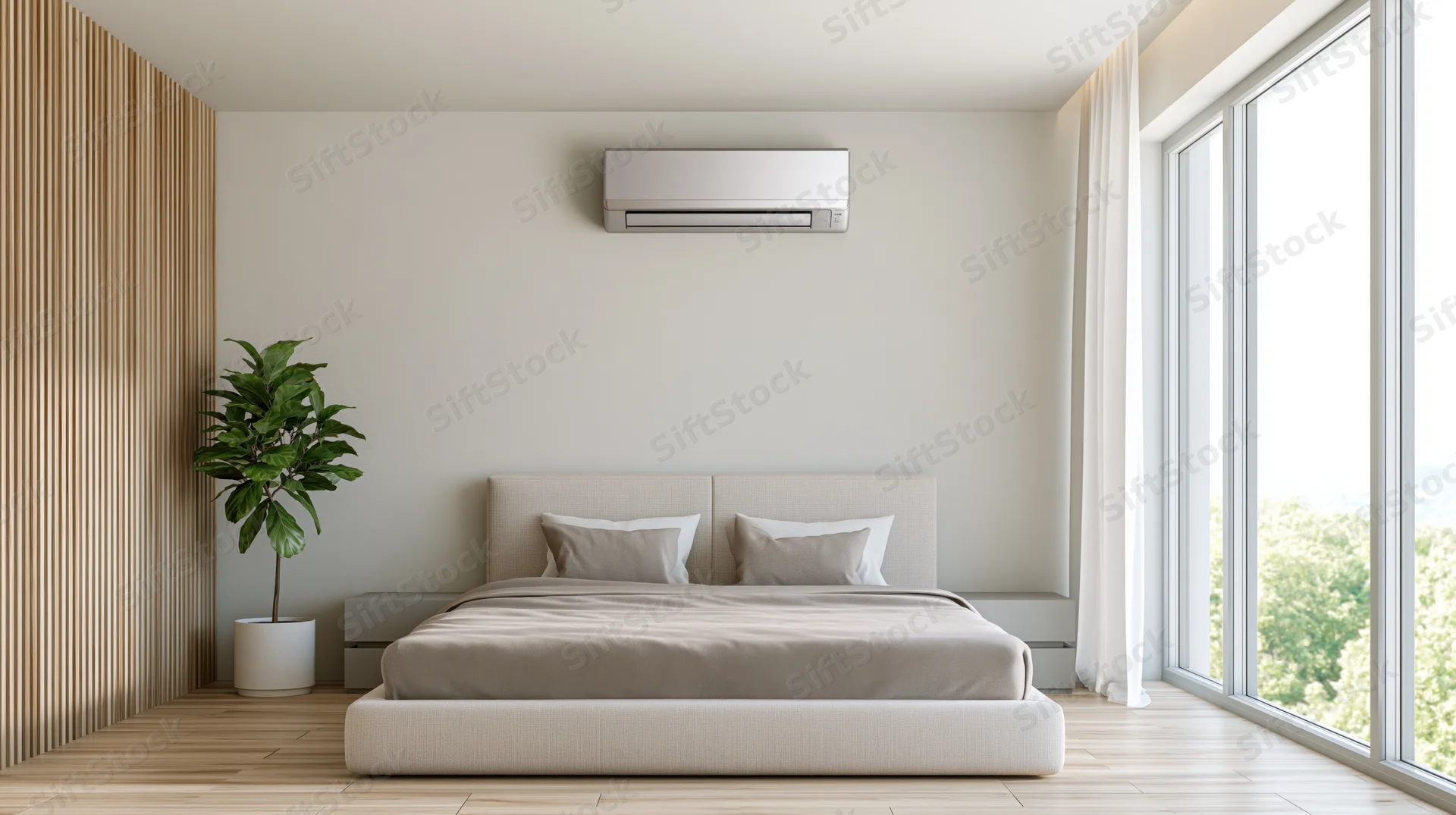 Minimalist modern bedroom with wall-mounted air conditioner and large window view