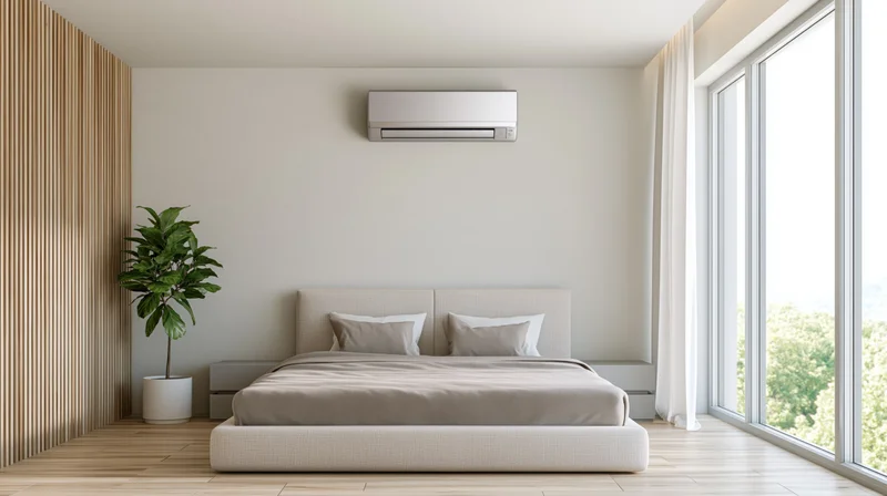 Minimalist bedroom interior with a wall-mounted air conditioner