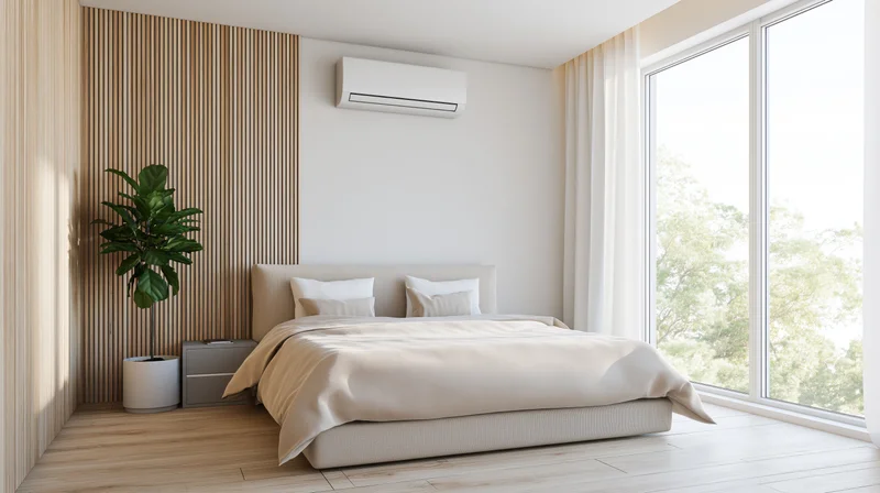 Minimalist modern bedroom with wall-mounted air conditioner and wooden paneling beside a bed near a large window