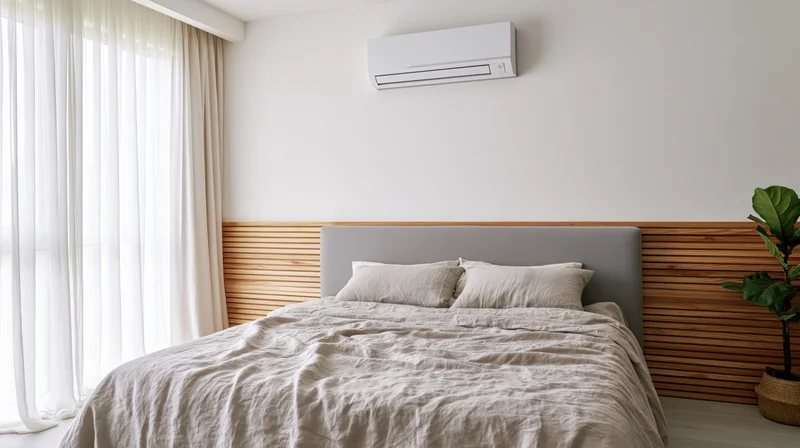 Minimalist bedroom with bed and wall-mounted air conditioner, featuring wooden paneling and natural light from a window