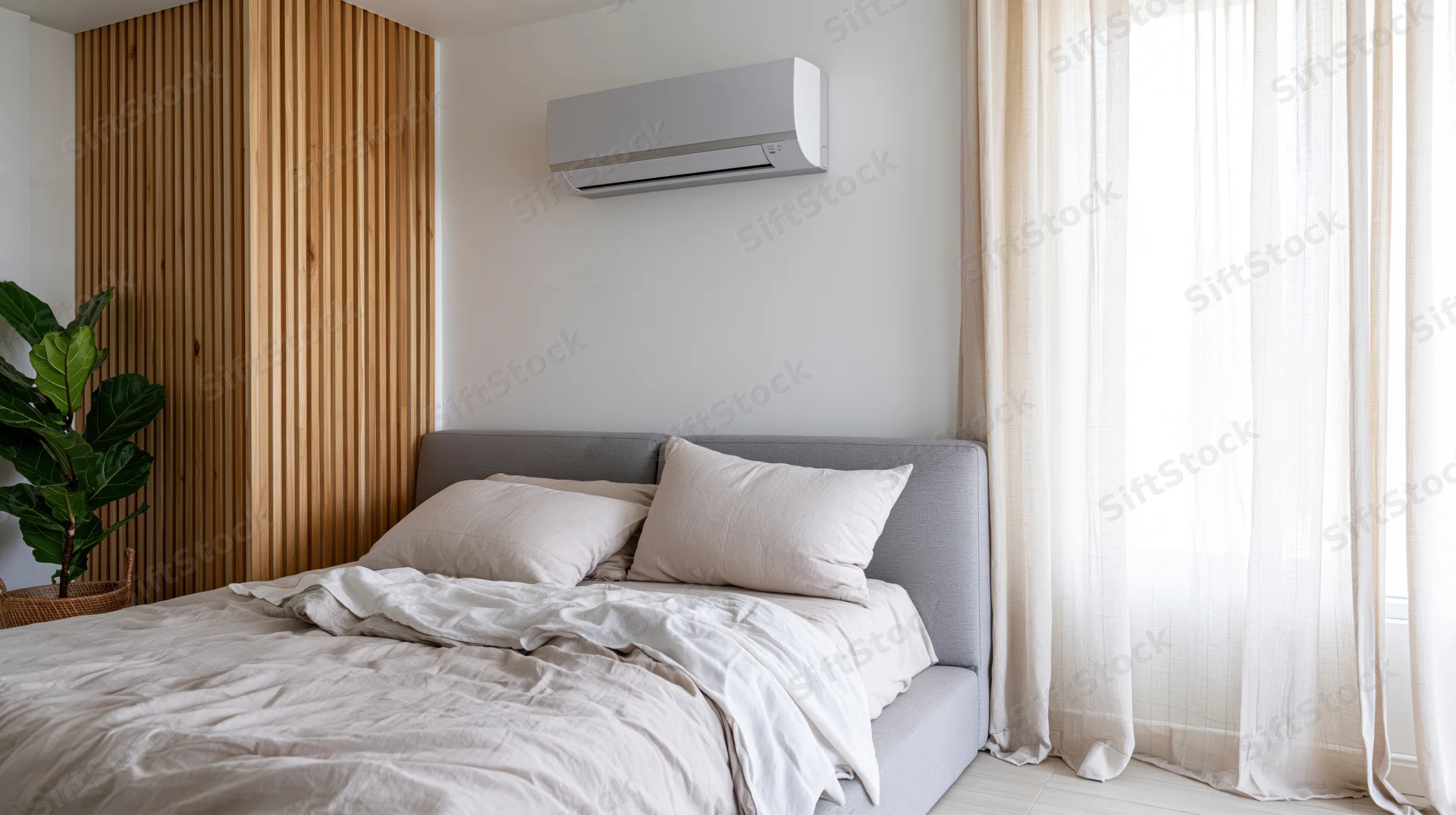 Modern minimalist bedroom with unmade bed, wooden accent wall, and wall-mounted split air conditioner near window with sheer curtains