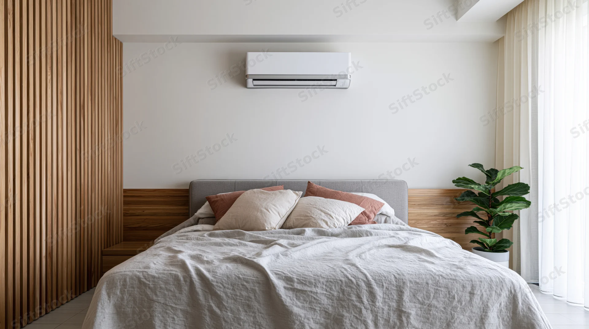 Modern minimalist bedroom with wall-mounted split air conditioner and wooden paneling