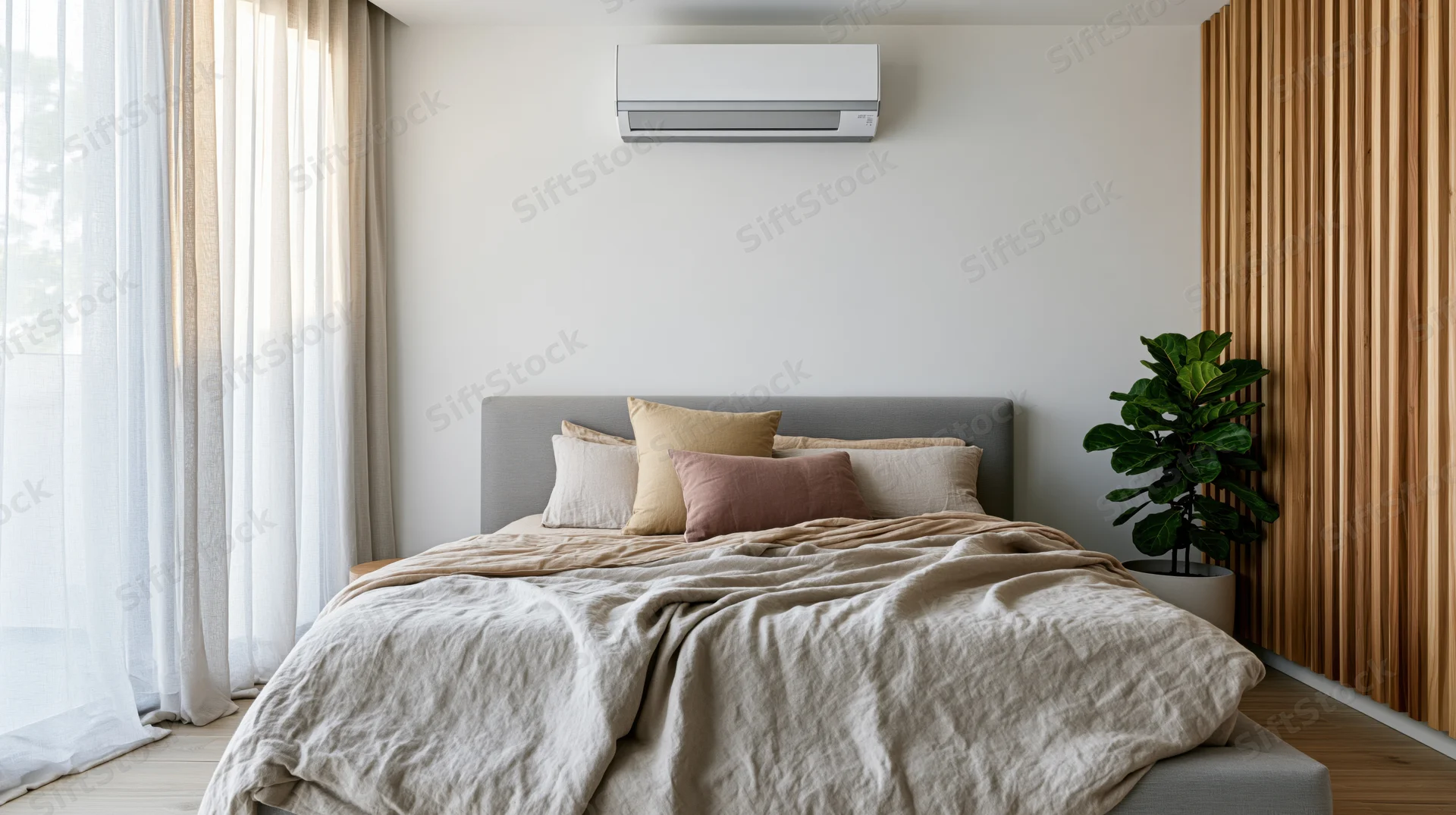 Modern minimalist bedroom with bed, pillows, and wall-mounted air conditioner near window and wooden accent wall