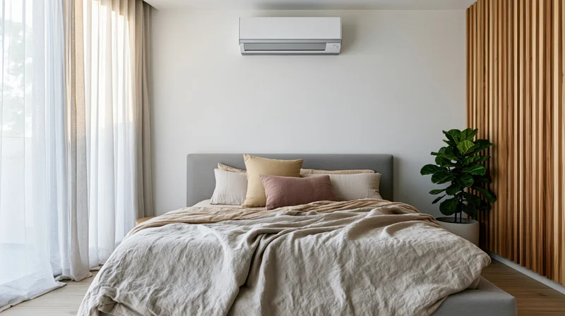 Modern minimalist bedroom with bed, pillows, and wall-mounted air conditioner near window and wooden accent wall