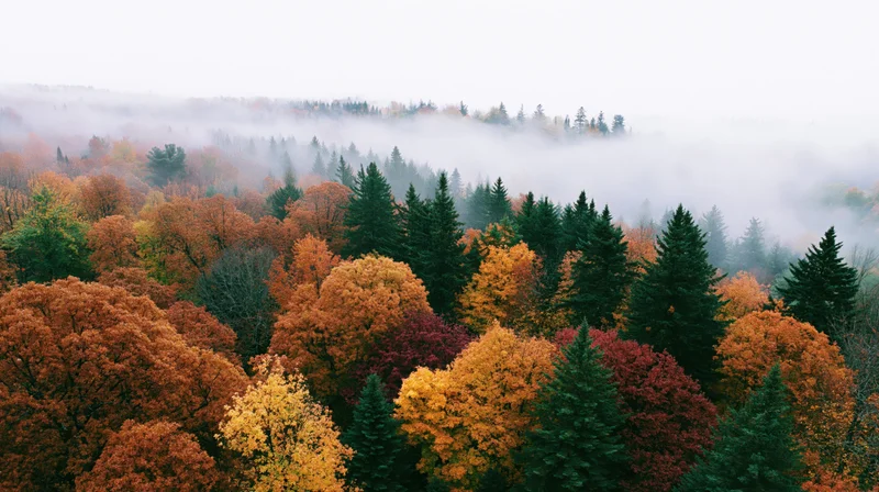 Aerial view of mixed deciduous and evergreen forest canopy in autumn with mist covering the hills
