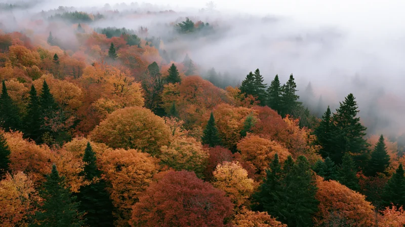 Autumn forest canopy with deciduous and evergreen trees under misty sky