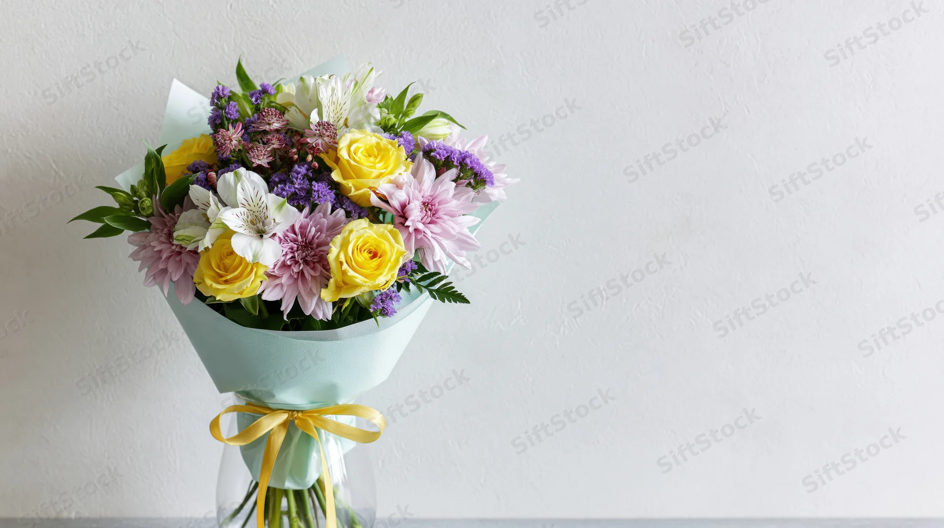 Mixed flower bouquet wrapped in mint paper with yellow ribbon on white background
