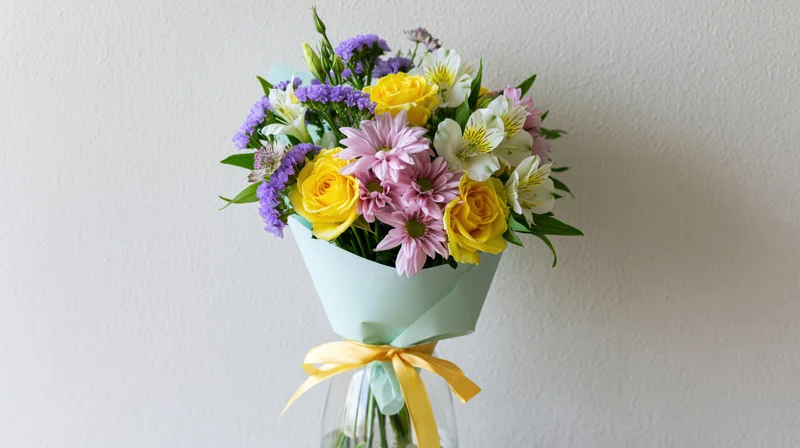 Mixed flower bouquet wrapped mint green paper tied with ribbon
