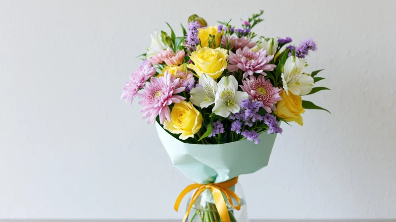 Mixed flower bouquet wrapped in mint paper with yellow ribbon against white wall