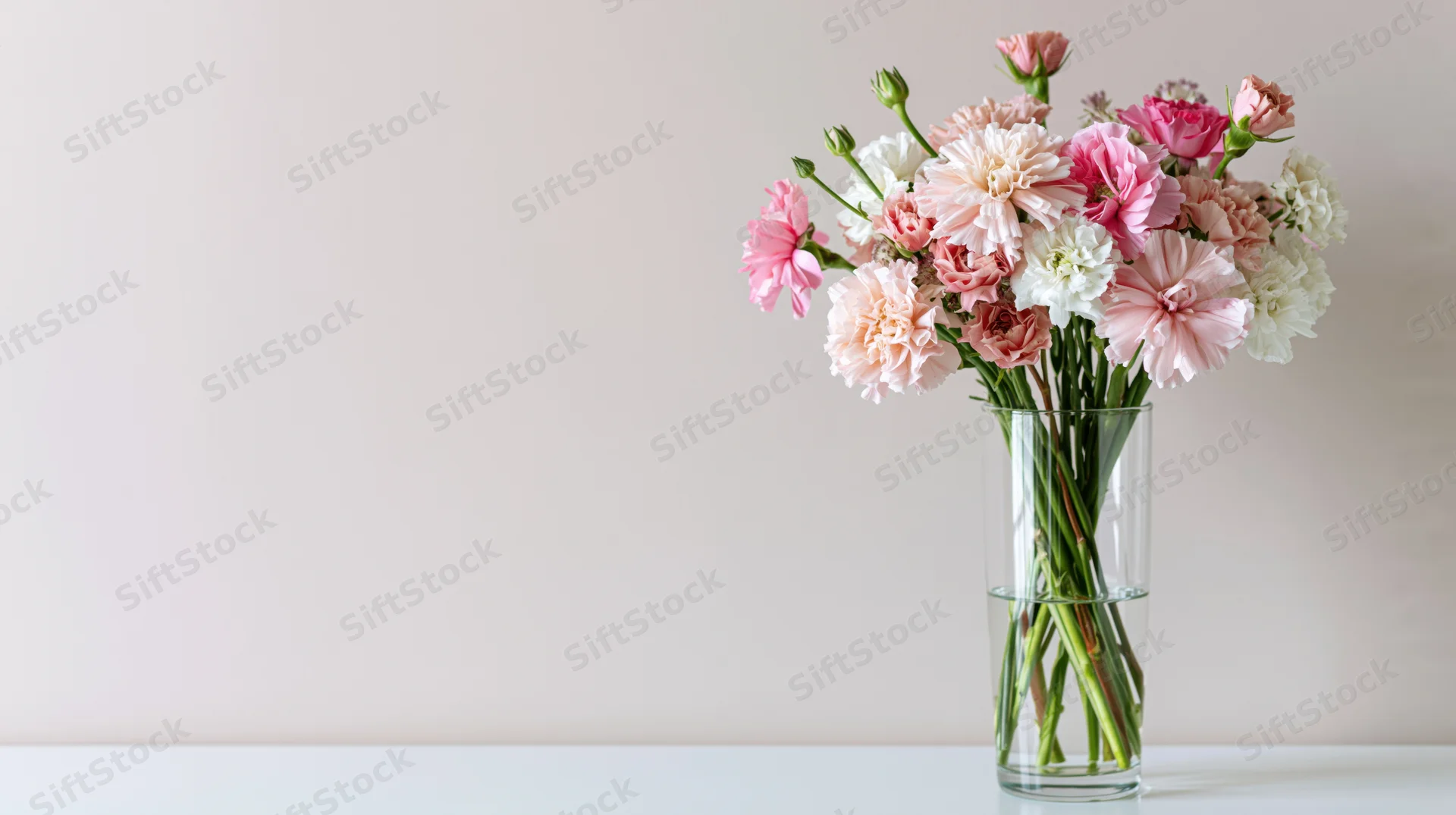 Pink and white carnation bouquet in a tall glass vase on a white table