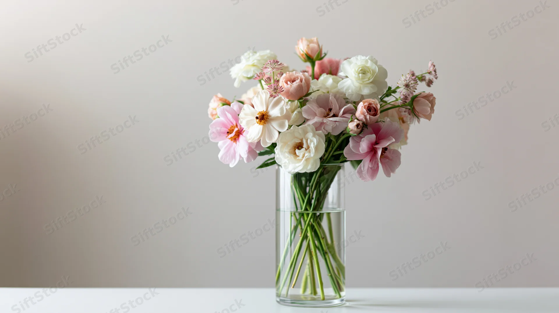 Pink and white flower bouquet in a tall clear glass vase on a white table