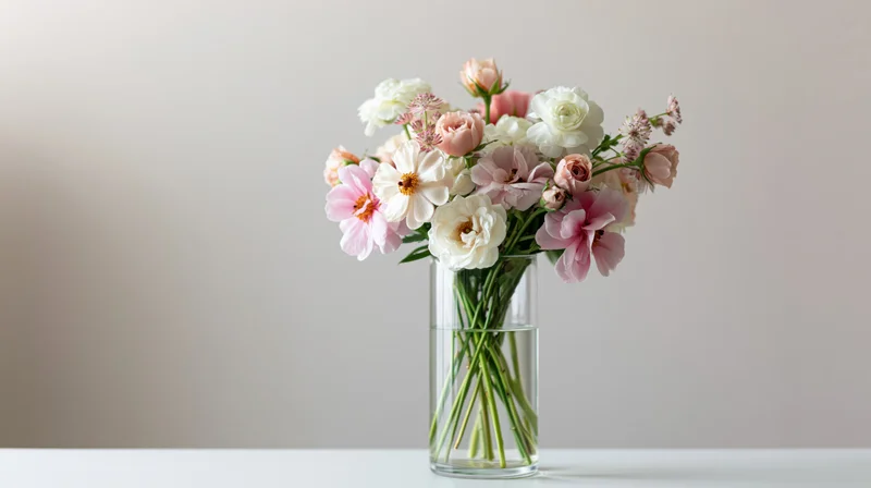 Pink and white flower bouquet in a tall clear glass vase on a white table