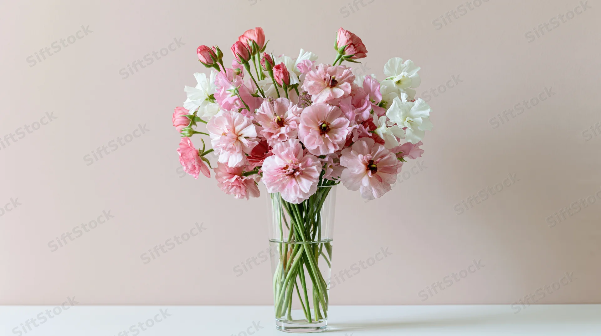 Pink and white flowers arranged in a tall glass vase on a white surface