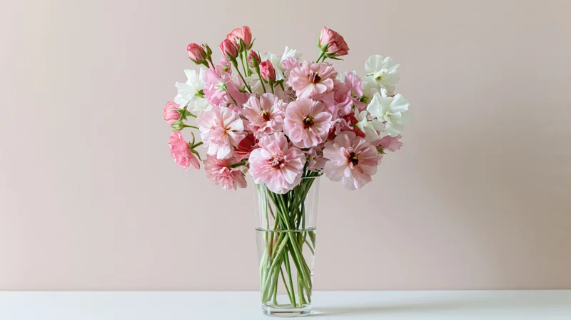 Pink and white flowers arranged in a tall glass vase on a white surface
