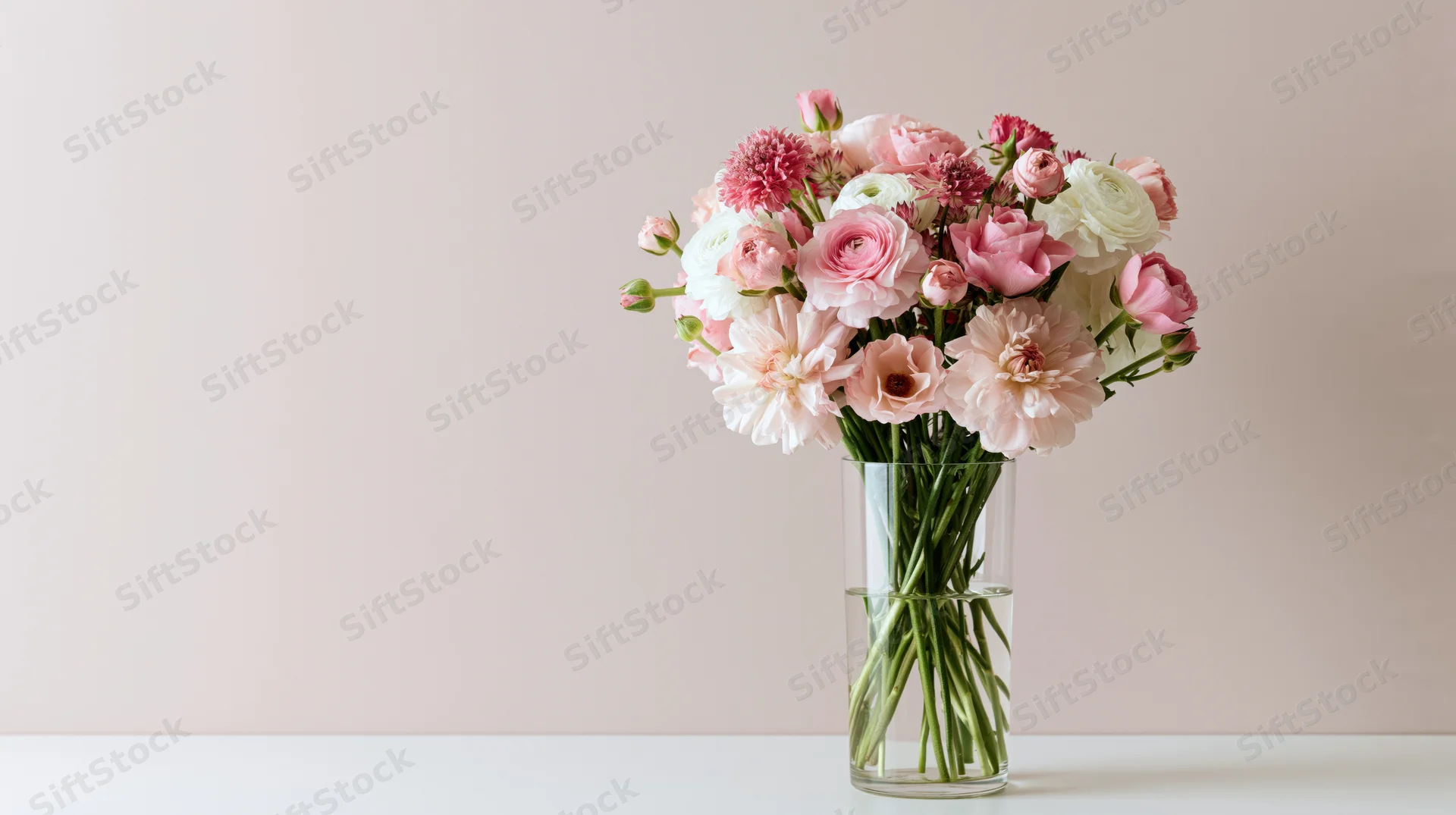 Pink and white flower bouquet in a tall clear glass vase on a white table against a beige wall