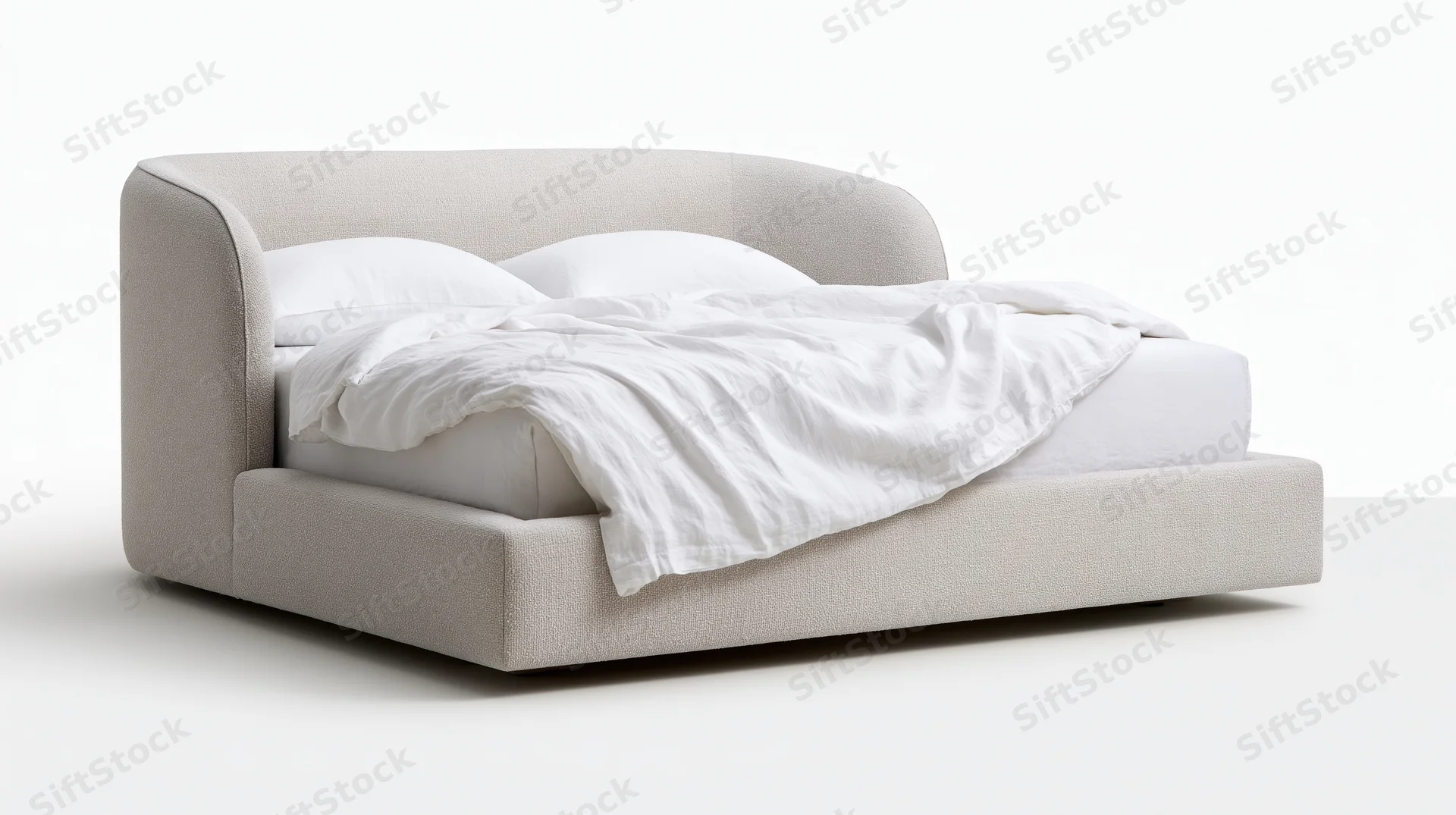 Modern upholstered platform bed with curved winged headboard on white background