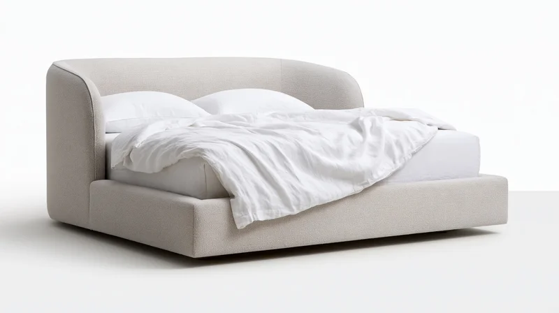 Modern upholstered platform bed with curved winged headboard on white background