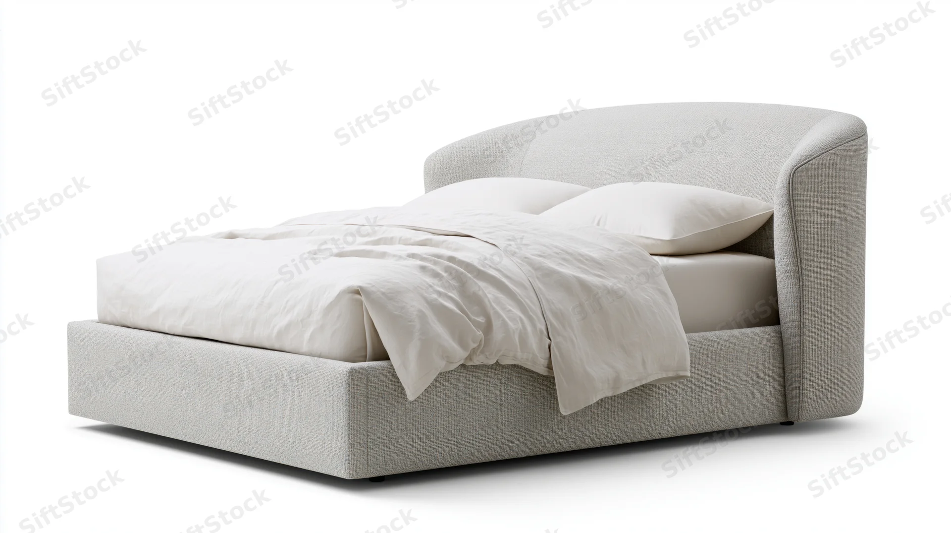 Modern upholstered platform bed with curved winged headboard on white background