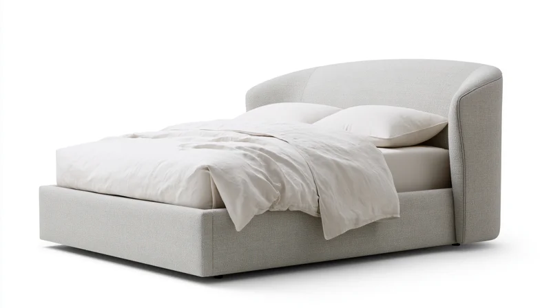 Modern upholstered platform bed with curved winged headboard on white background