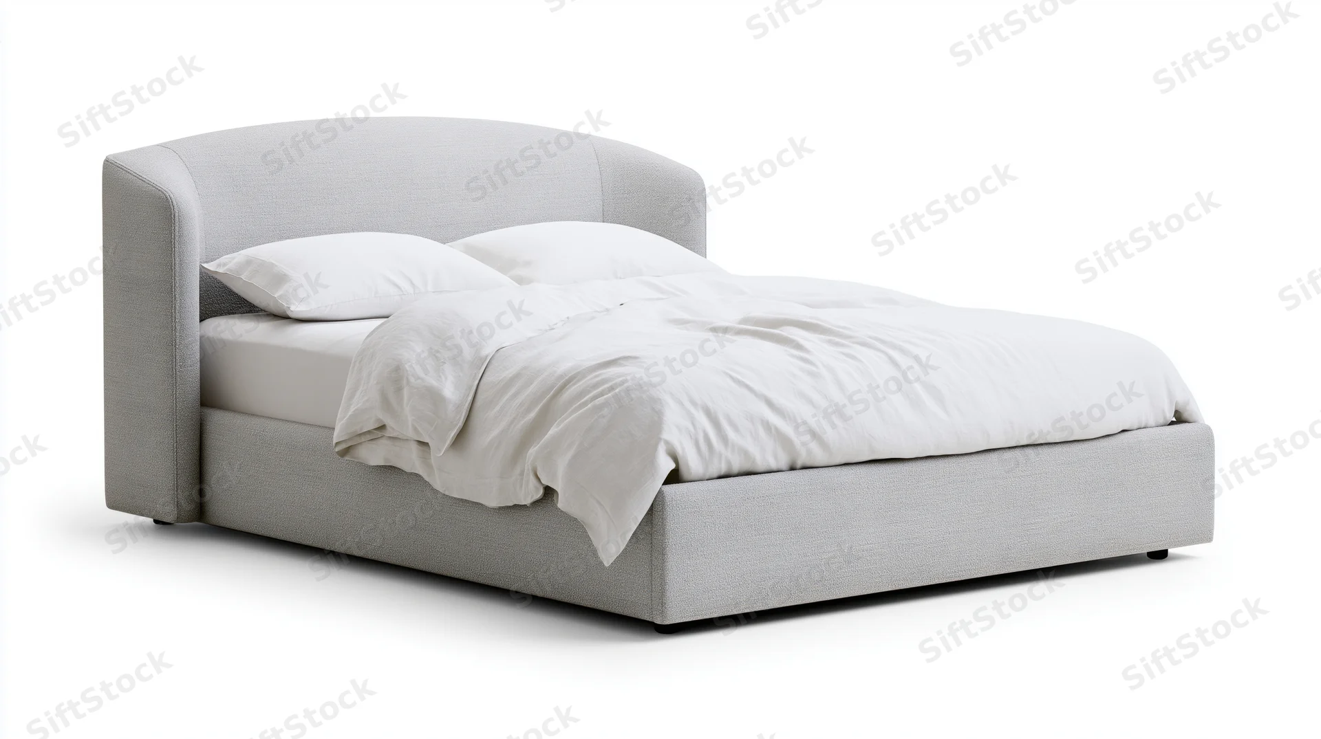 Modern upholstered platform bed with curved winged headboard on white background